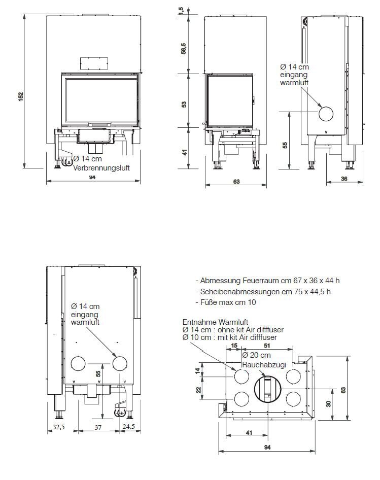 Holzkamin Einsatz Edilkamin WINDO2 95 L - 14,7 kW - Fenster Rechts