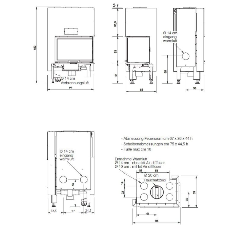 Holzkamin Einsatz Edilkamin WINDO2 75 L - 13,2 kW - Fenster Rechts