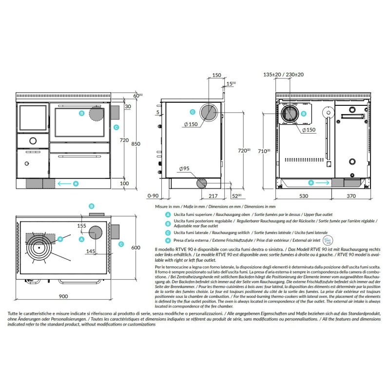 Zentralheizungsherd Rizzoli - Serie RTVE mit Backofen - RTVE 90 - Standard Edelstahl - 22  kW