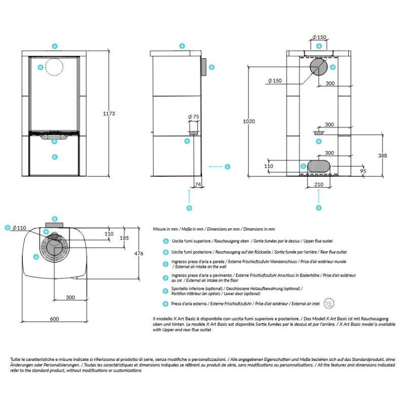 Kaminofen Rizzoli - Serie X Art - Basic - 7,7 kW - Keramikverkleidung