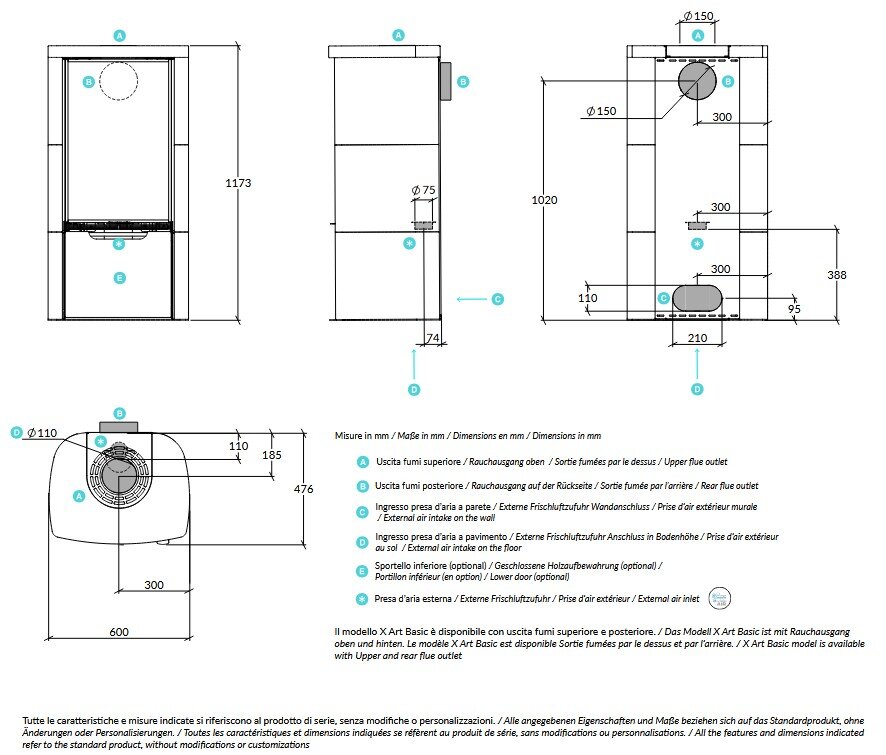 Kaminofen Rizzoli - Serie X Art - Basic - 7,7 kW - Keramikverkleidung