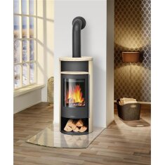 Ovaler Kaminofen Oranier Polar Neo 8 - 8 kW, Sandstein, Korpus Stahl Schwarz im Wohnzimmer
