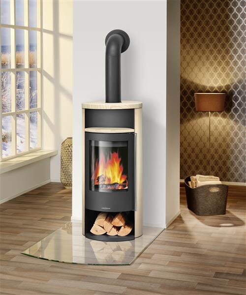 Ovaler Kaminofen Oranier Polar Neo 8 - 8 kW, Sandstein, Korpus Stahl Schwarz im Wohnzimmer