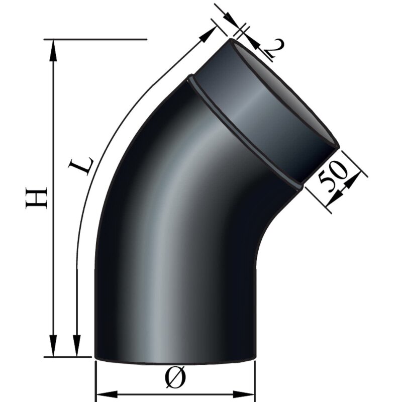Rauchrohrbogen 45° glatt gezogen Ø150 x 2 mm ohne Reinigungsöffnung, Farbe schwarz #1
