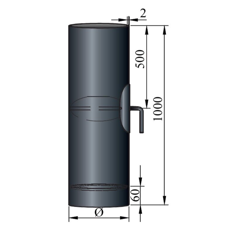 Rauchrohr Ø 150 x 1000 x 2 mm mit Drosselklappe, Reinigungsöffnung und Kondensring, Farbe Schwarz