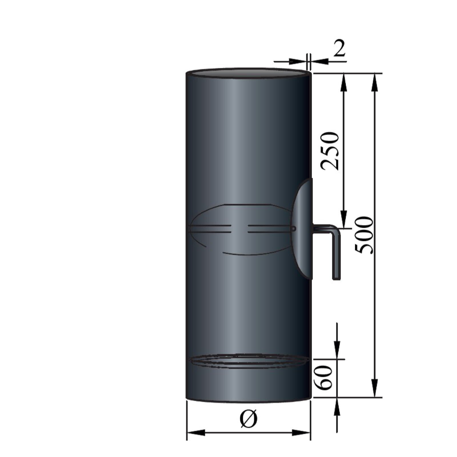 Rauchrohr Ø 150 x 500 x 2 mm mit Drosselklappe, Reinigungsöffnung und Kondensring, Farbe Schwarz